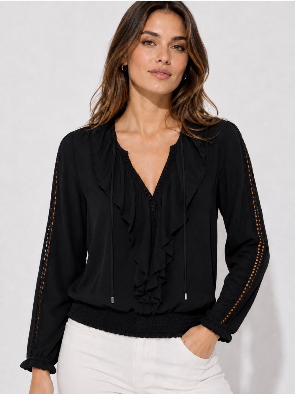 WHITE HOUSE BLACK MARKET Cascading Ruffle Long Sleeve Shirt Crochet Lace Trim S